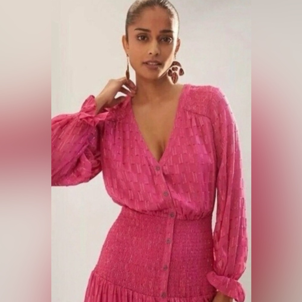 Anthropologie Smocked Pink Long Sleeve Maxi Dress New Small